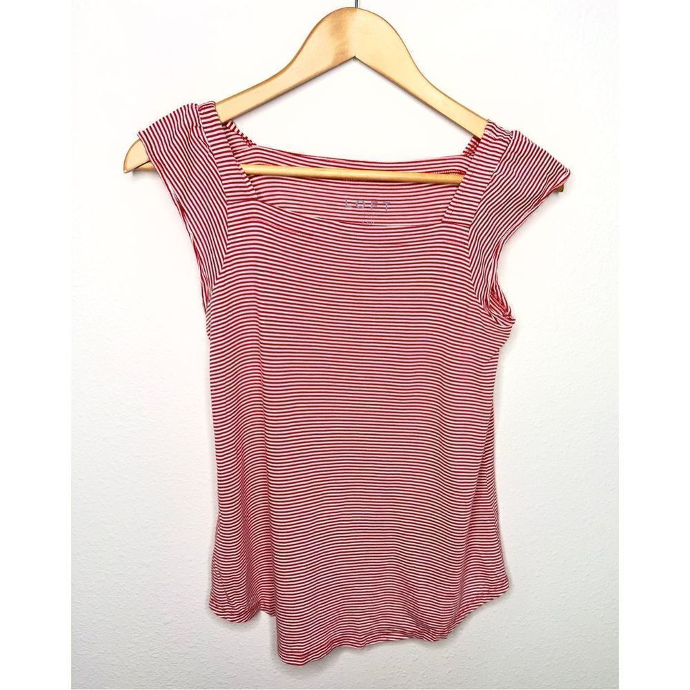 LOFT Women Red White Casual Cap Sleeve Cotton Blend Striped Top Shirt Petite XS
